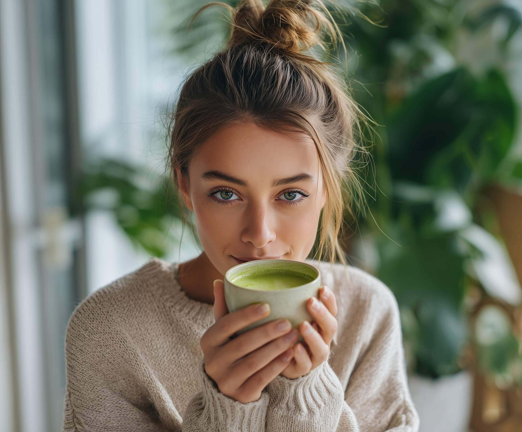 Young person wearing a cream sustainable sweater styled as minimalist streetwear