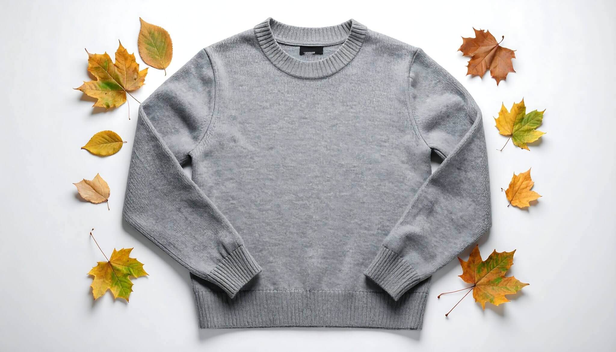 Minimalist flat lay of sustainable sweaters in neutral tones