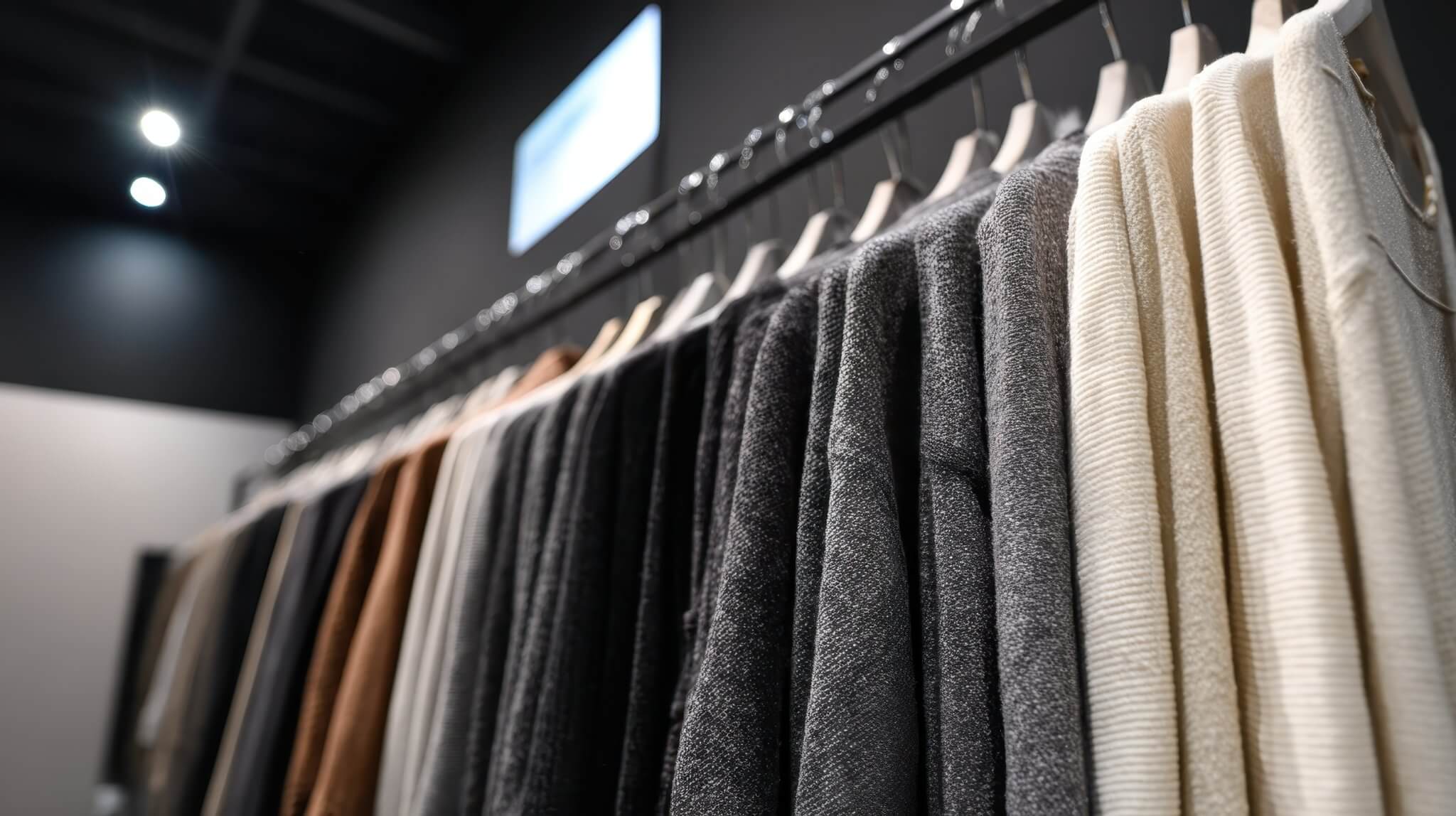 Minimalist rack of sustainable sweaters in neutral colors for eco-friendly capsule wardrobes