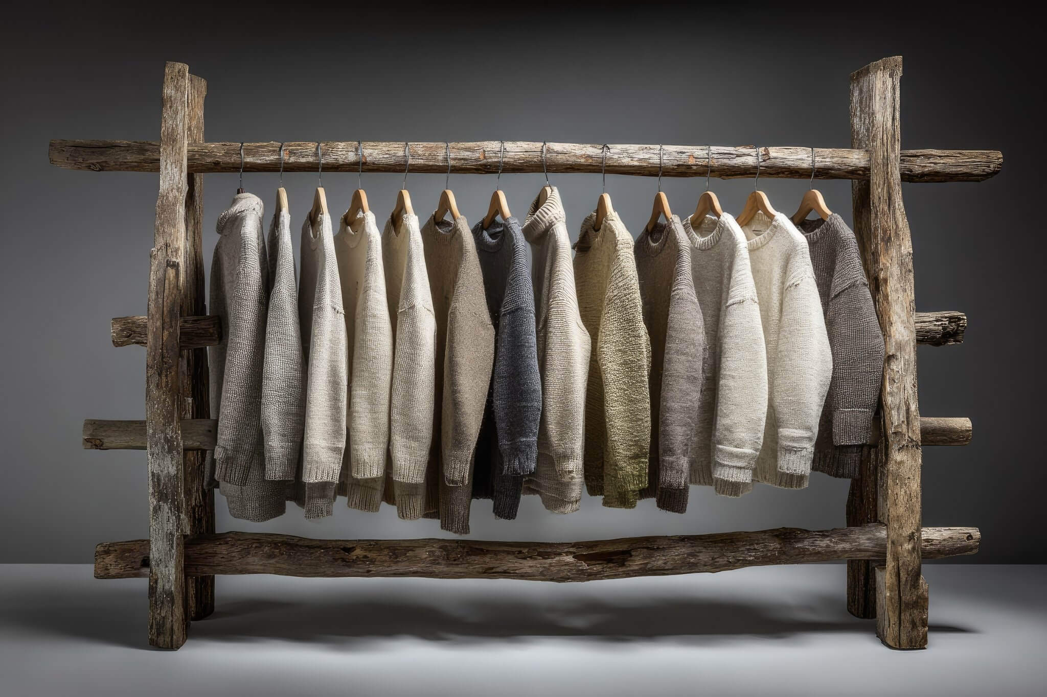 Minimalist rack displaying sustainable sweaters in neutral tones for capsule wardrobes