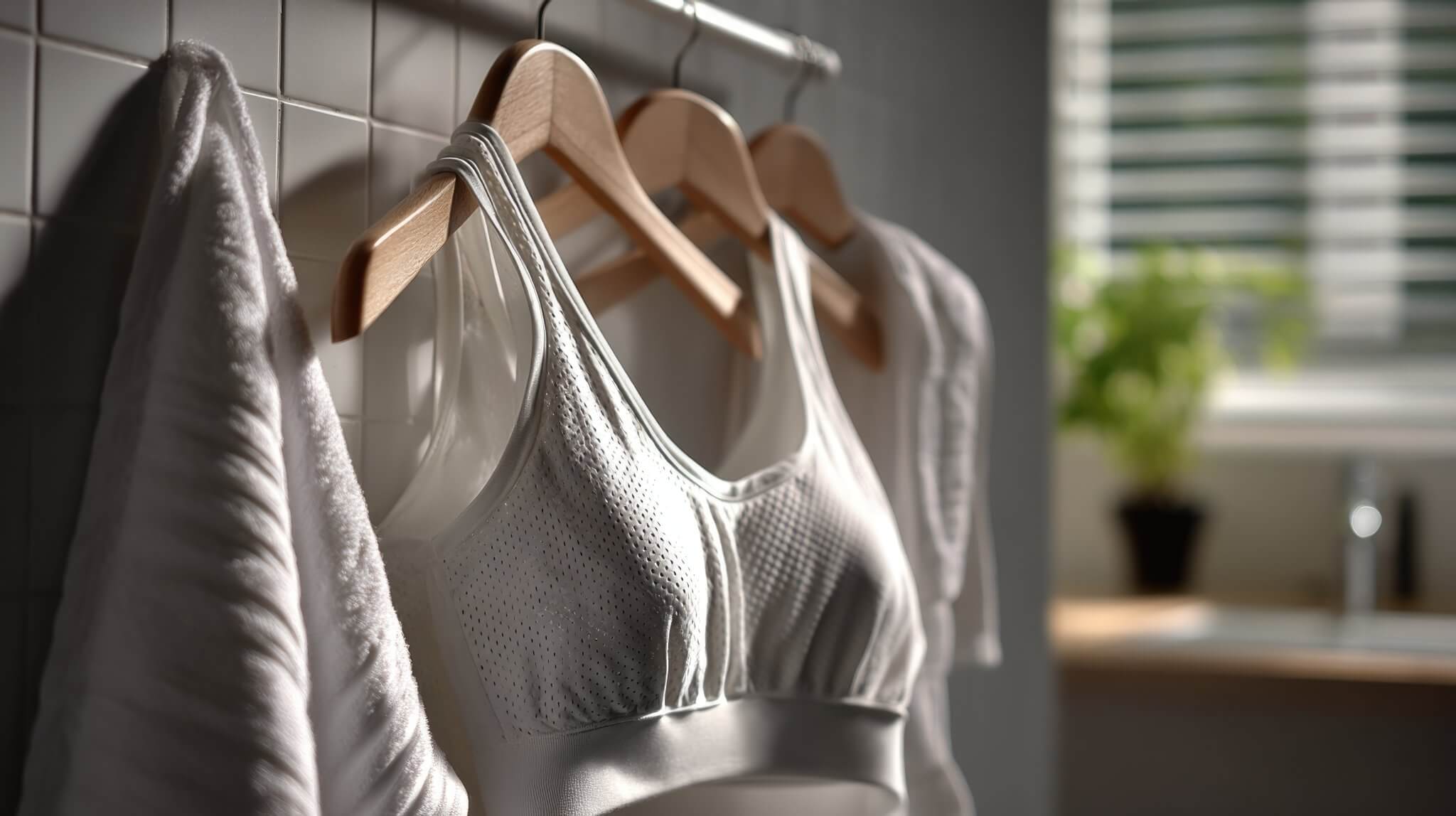 Tencel workout clothes air-drying on a rack to preserve softness and sustainability