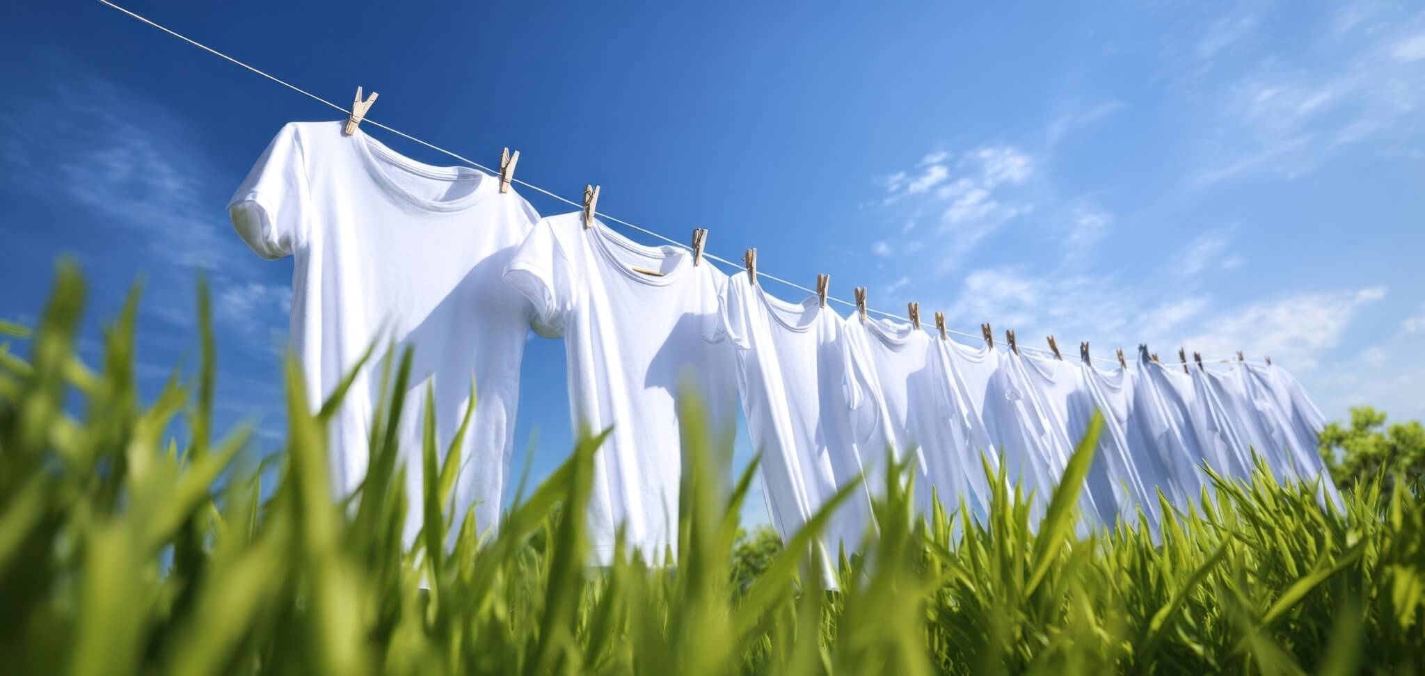 Tight fitting shirts air drying naturally on a clothing rack, showcasing sustainable care and eco-friendly fashion 