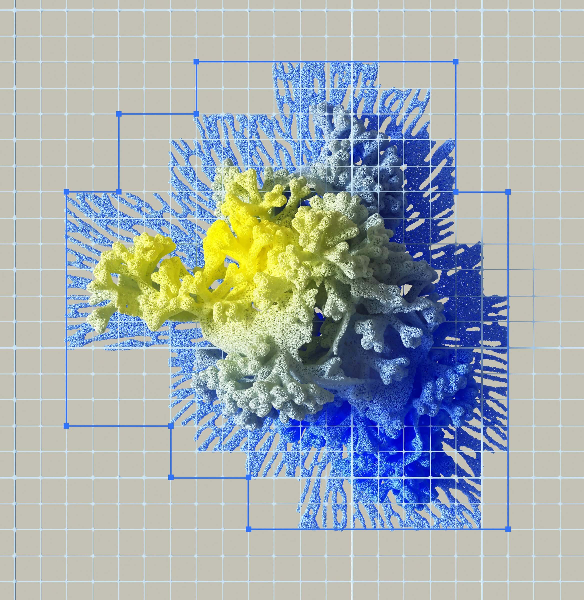 Colorful abstract 3D rendering of neural networks with vibrant blue and yellow gradients.