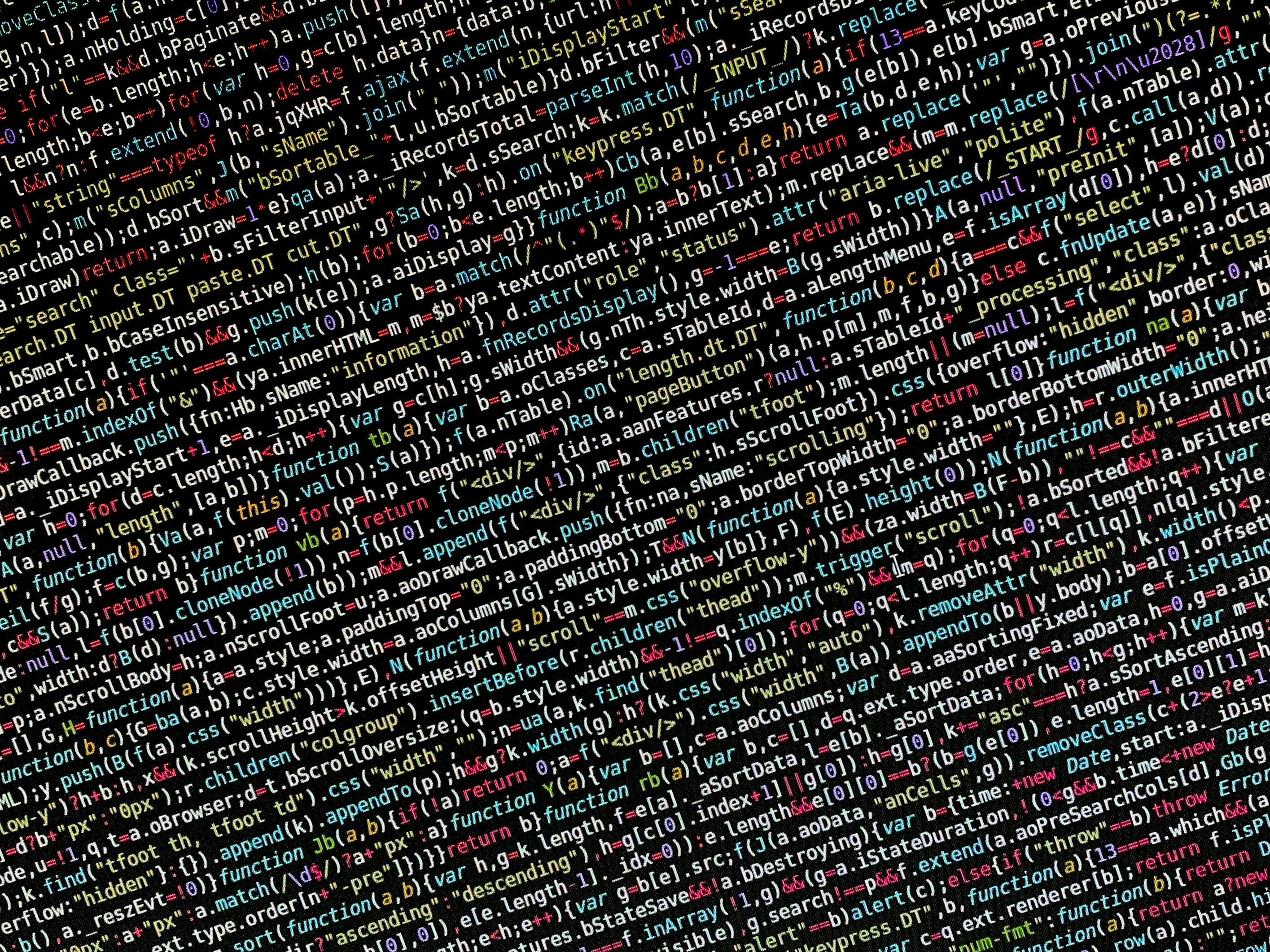 Close-up view of colorful programming code on a screen, ideal for tech and development themes.