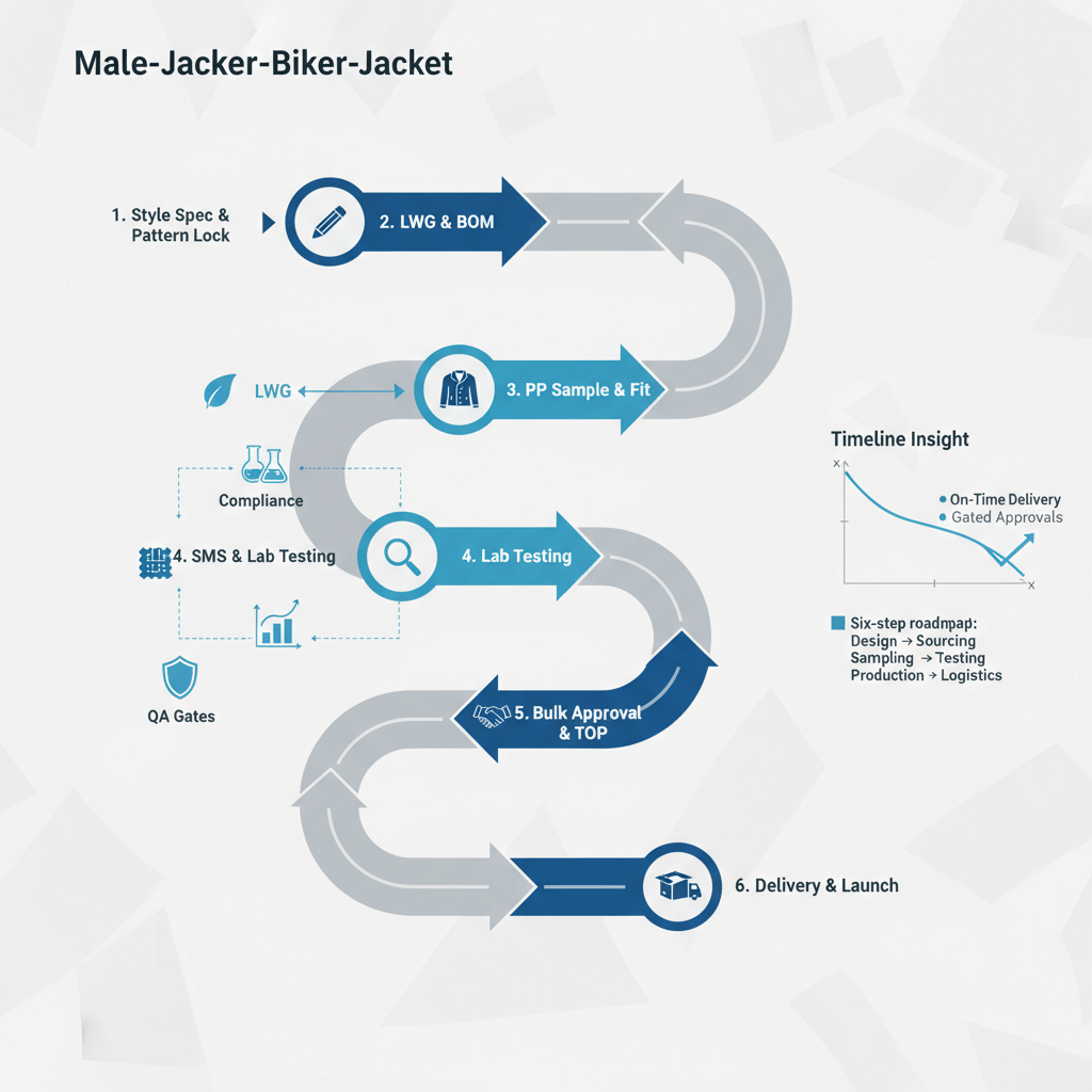 Roadmap infographic with six steps from style spec to bulk/TOP approval and delivery