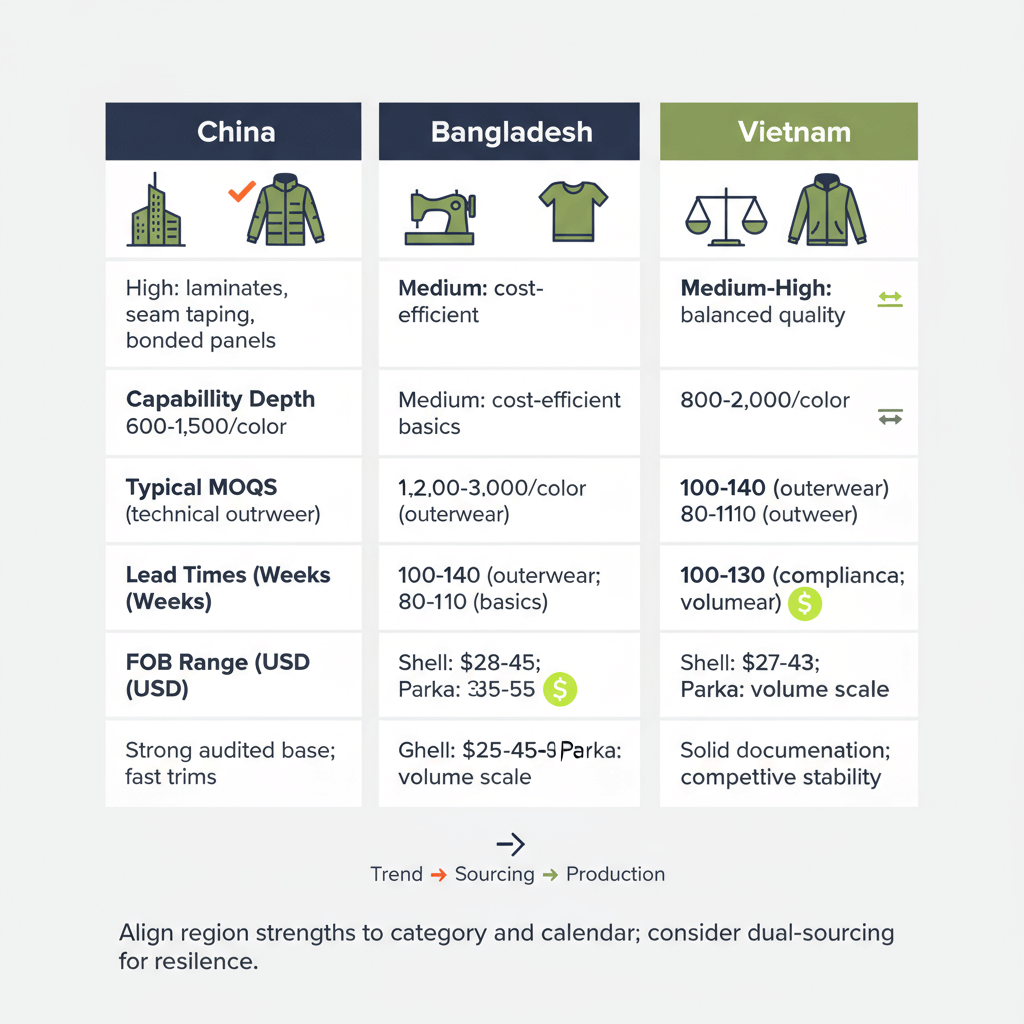Comparison matrix: China, Bangladesh, Vietnam for outerwear and streetwear