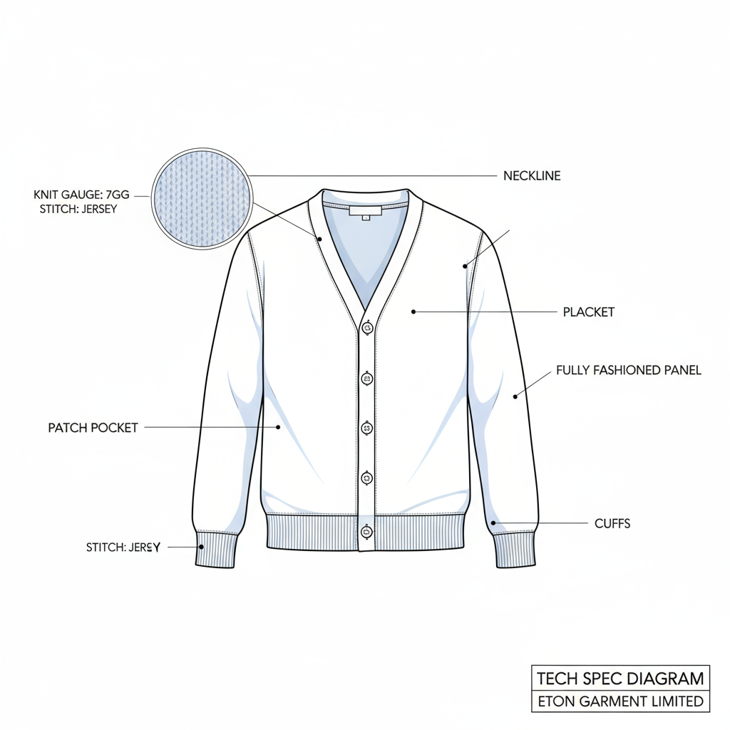 Cardigan line-art diagram with labeled placket, neckline, cuffs, hem, pockets, and knit gauge callouts