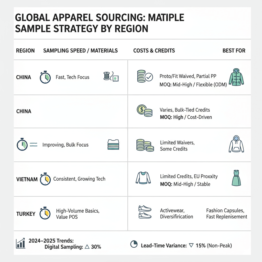 Matrix comparing sample speed, material access, credits, and MOQs by region