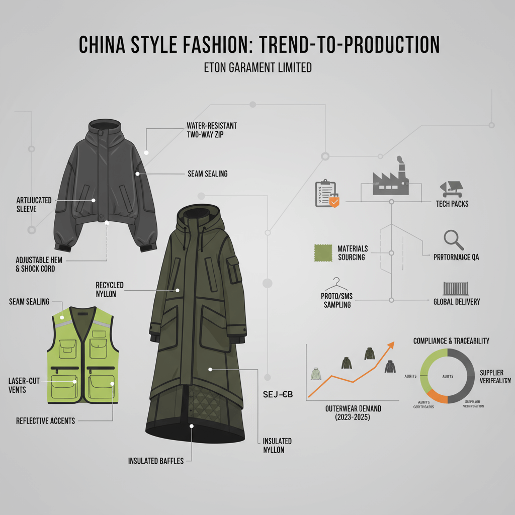 Annotated silhouettes and functional feature callouts typical in china style fashion