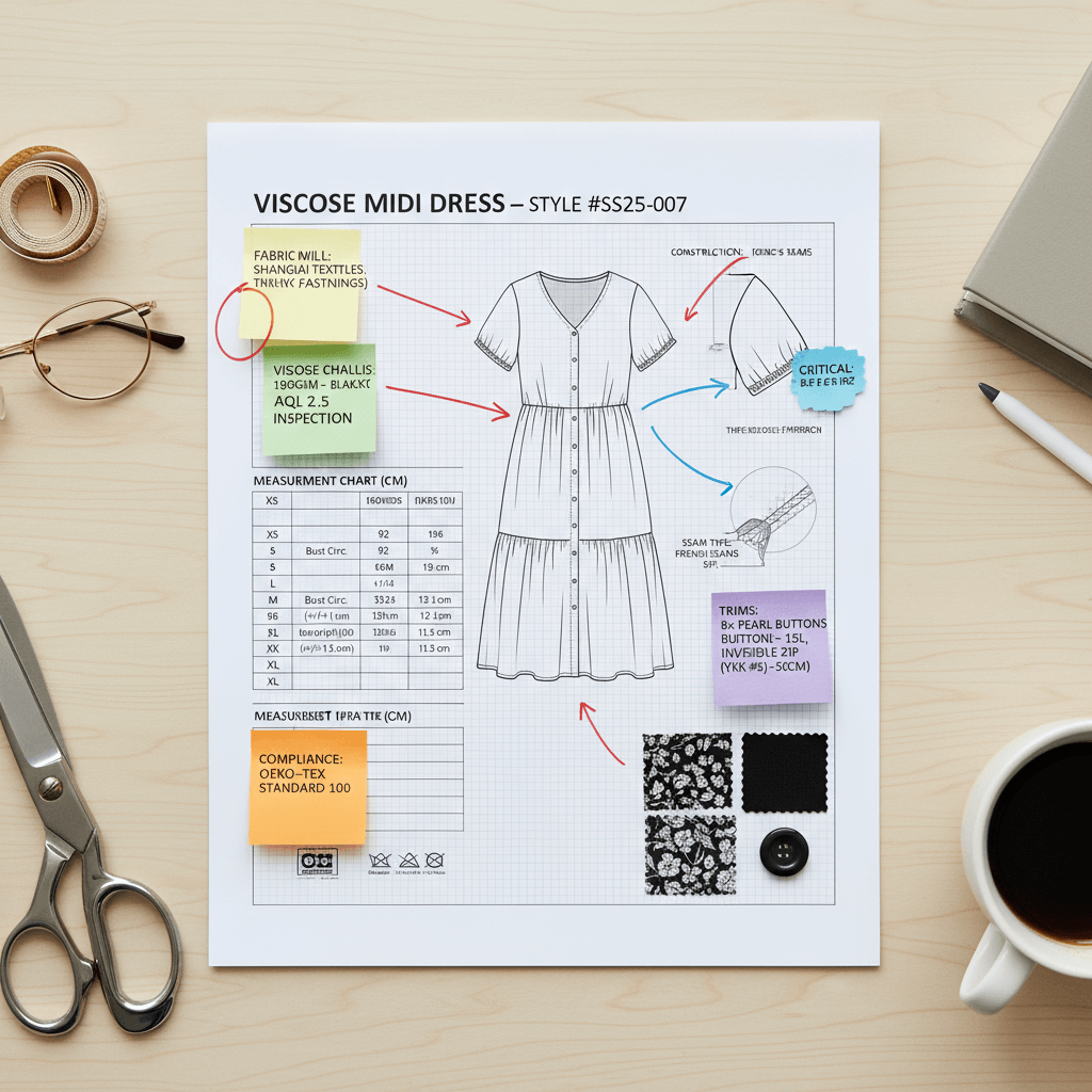 Annotated tech pack example highlighting BOM, measurements, construction, and trims