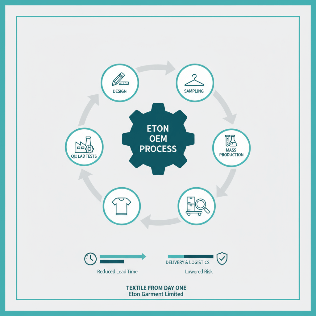 Workflow graphic of Eton OEM process: design → sampling → pilot → mass production → QC → delivery