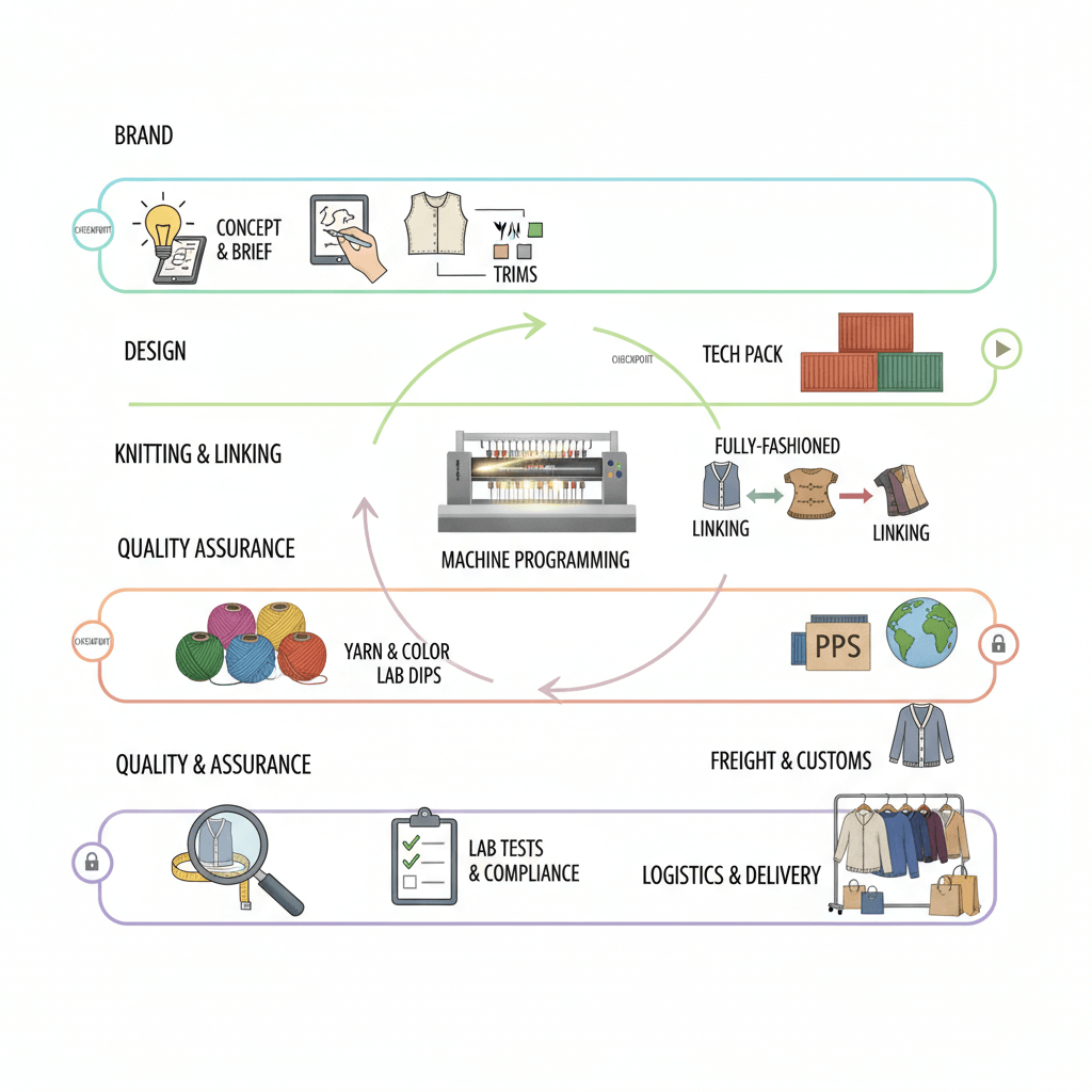 OEM workflow swim lanes showing brand, design, knitting, QA, and logistics checkpoints