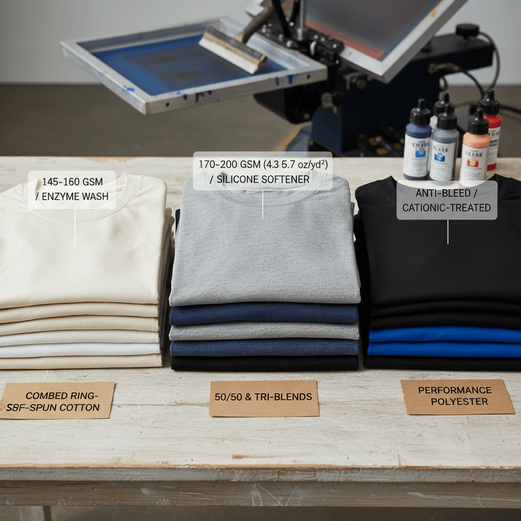 Close-up swatches labeled enzyme-washed, silicone softener, and cationic-treated polyester, with brief notes on adhesion impact