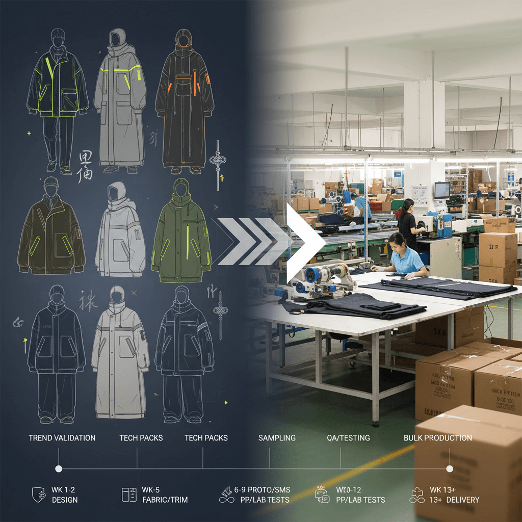 Conceptual hero: modern china style silhouettes transitioning into factory stages