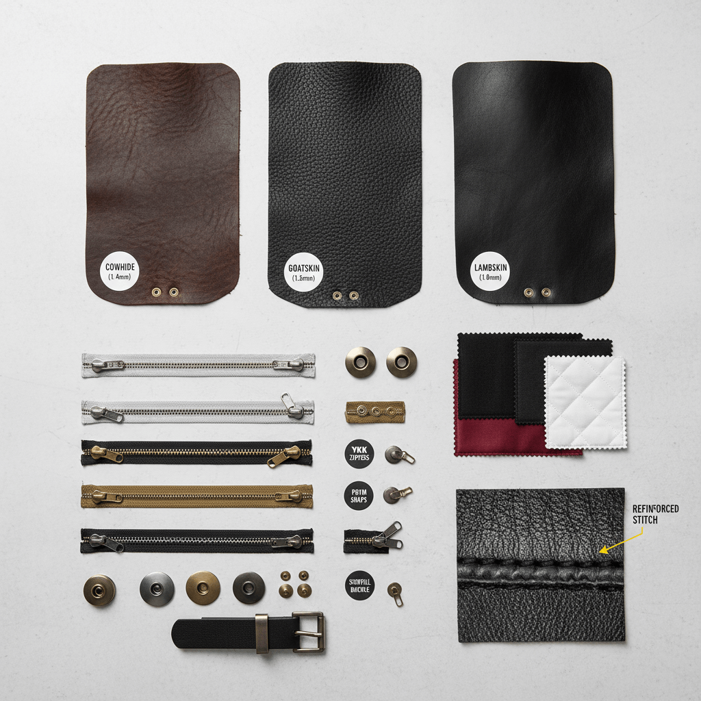 Leather swatches (cowhide, goat, lambskin) and hardware kit (zippers, snaps, buckles) arranged by thickness and finish