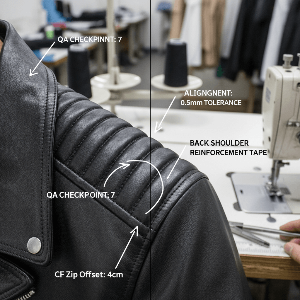 Sewing station close-up with reinforced shoulder seam, aligned topstitch, and annotated QA checkpoints