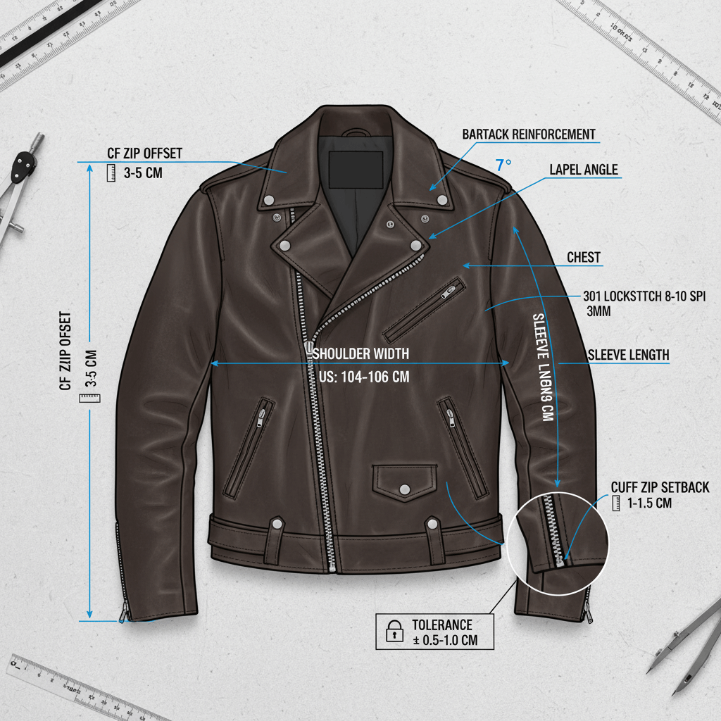 Annotated diagram of biker jacket measurements and tolerances: shoulders, chest, sleeve, hem, lapel angles, zip offset