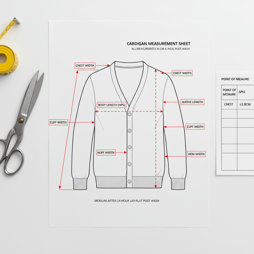 Cardigan spec sheet with measurement points: chest width, body length, sleeve length, cuff and hem widths, placket width