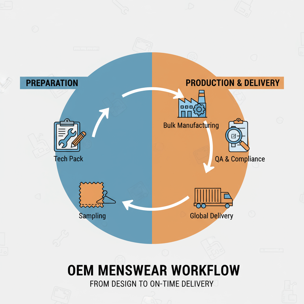 Annotated cost breakdown for menswear wholesale: fabric, fill, trims, labor, finishing, compliance tests, and logistics