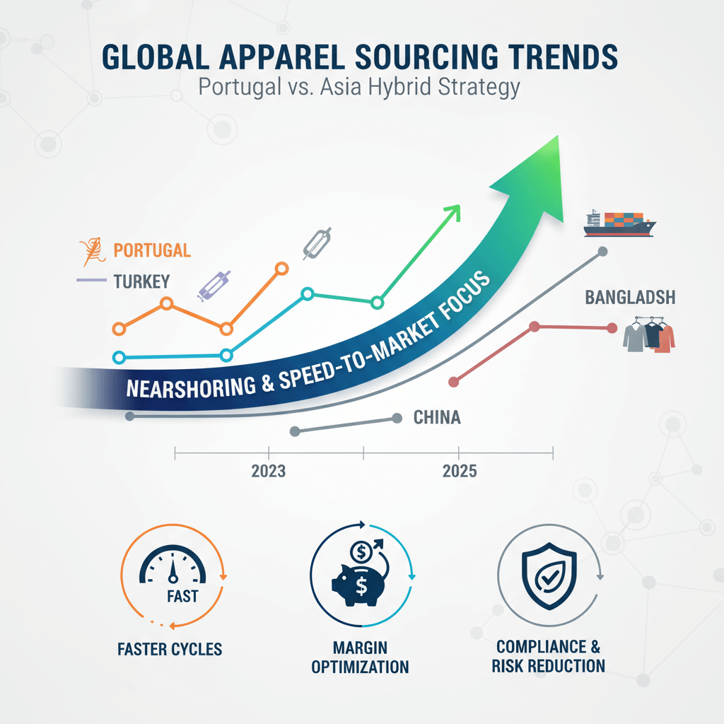 Trend line showing nearshoring momentum and speed-to-market focus from 2023 to 2025