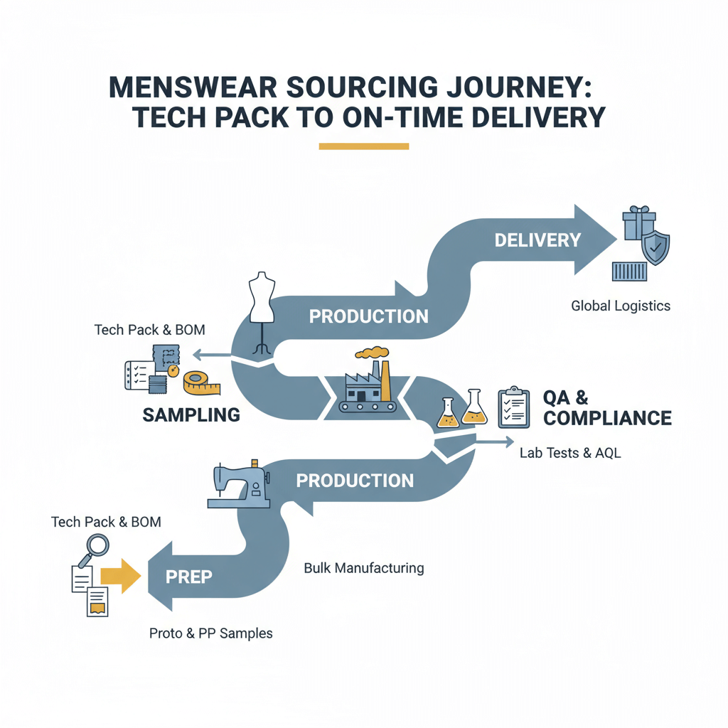 Workflow diagram from tech pack and sampling to QA, compliance, and delivery for OEM menswear production
