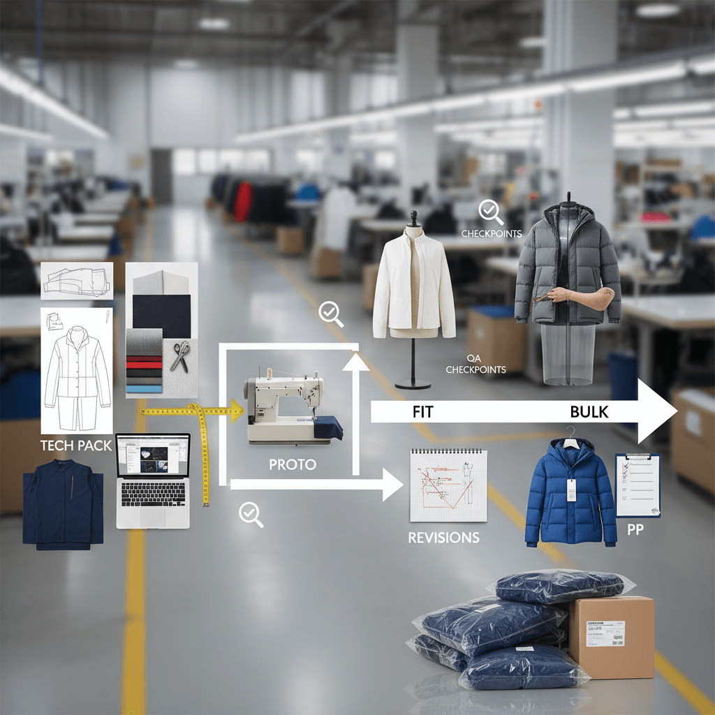 Workflow showing tech pack to proto, fit, revisions, PP and bulk with QA checkpoints