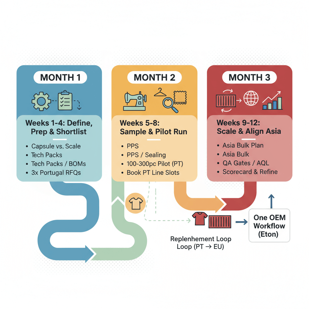 Workflow diagram linking Portugal capsules with Asia scale under one OEM process