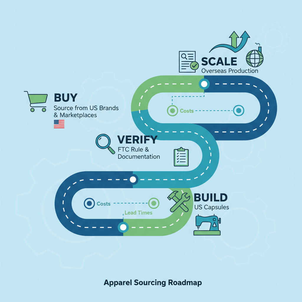 Roadmap infographic summarizing buy, verify, build, and scale steps for apparel sourcing