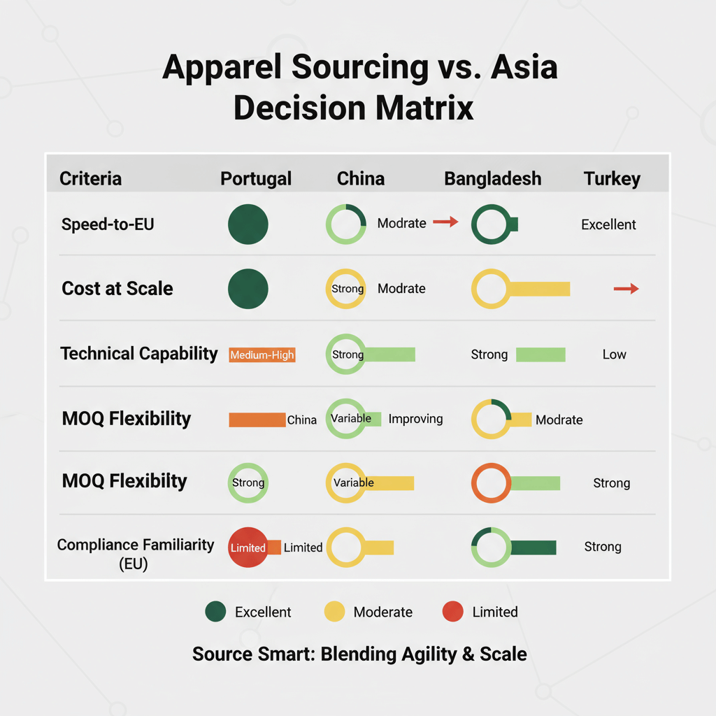 Decision matrix showing regional scores by criteria: speed, cost, capability, MOQ flexibility, compliance