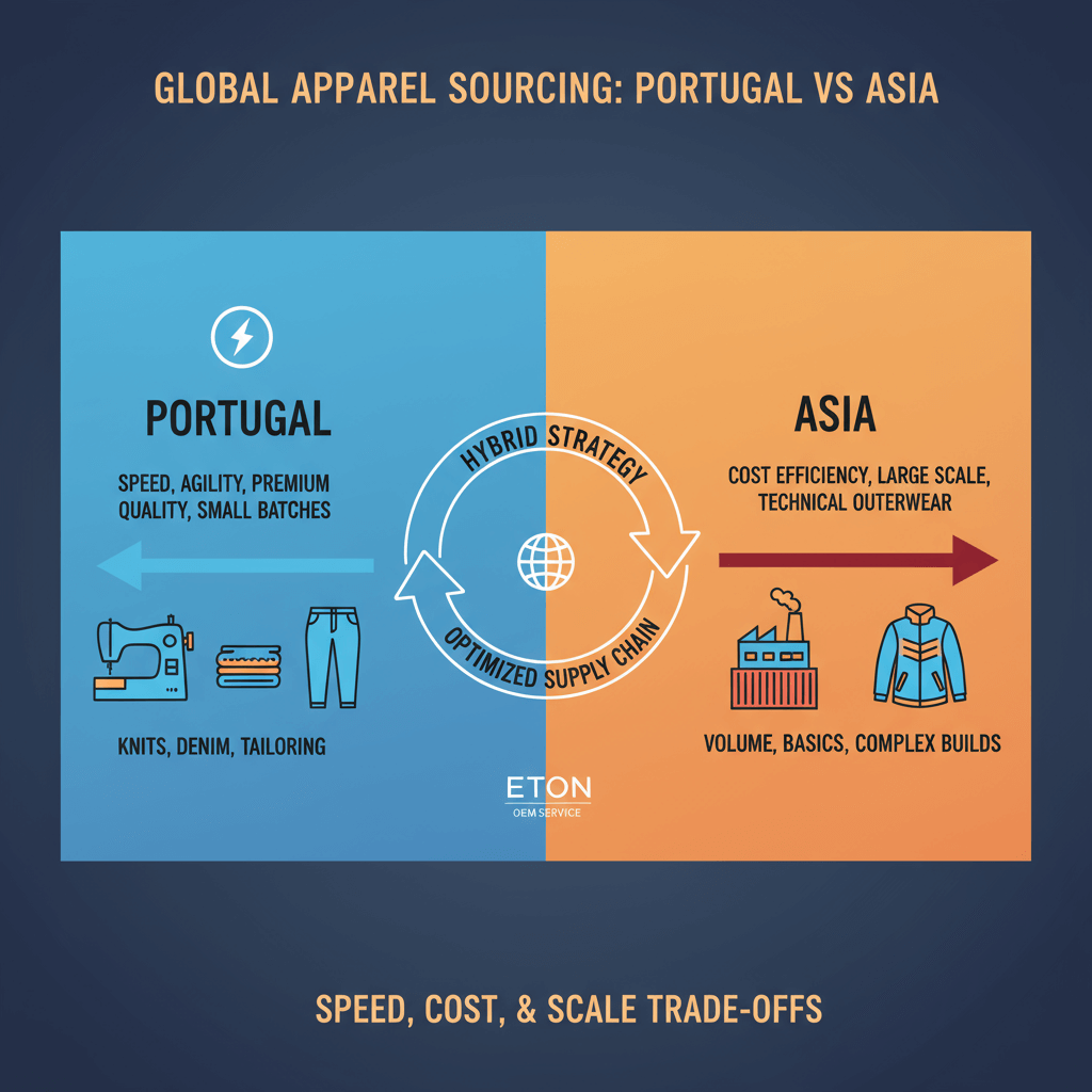 Diagram contrasting Portugal’s speed and flexibility with Asia’s cost and scale for apparel sourcing