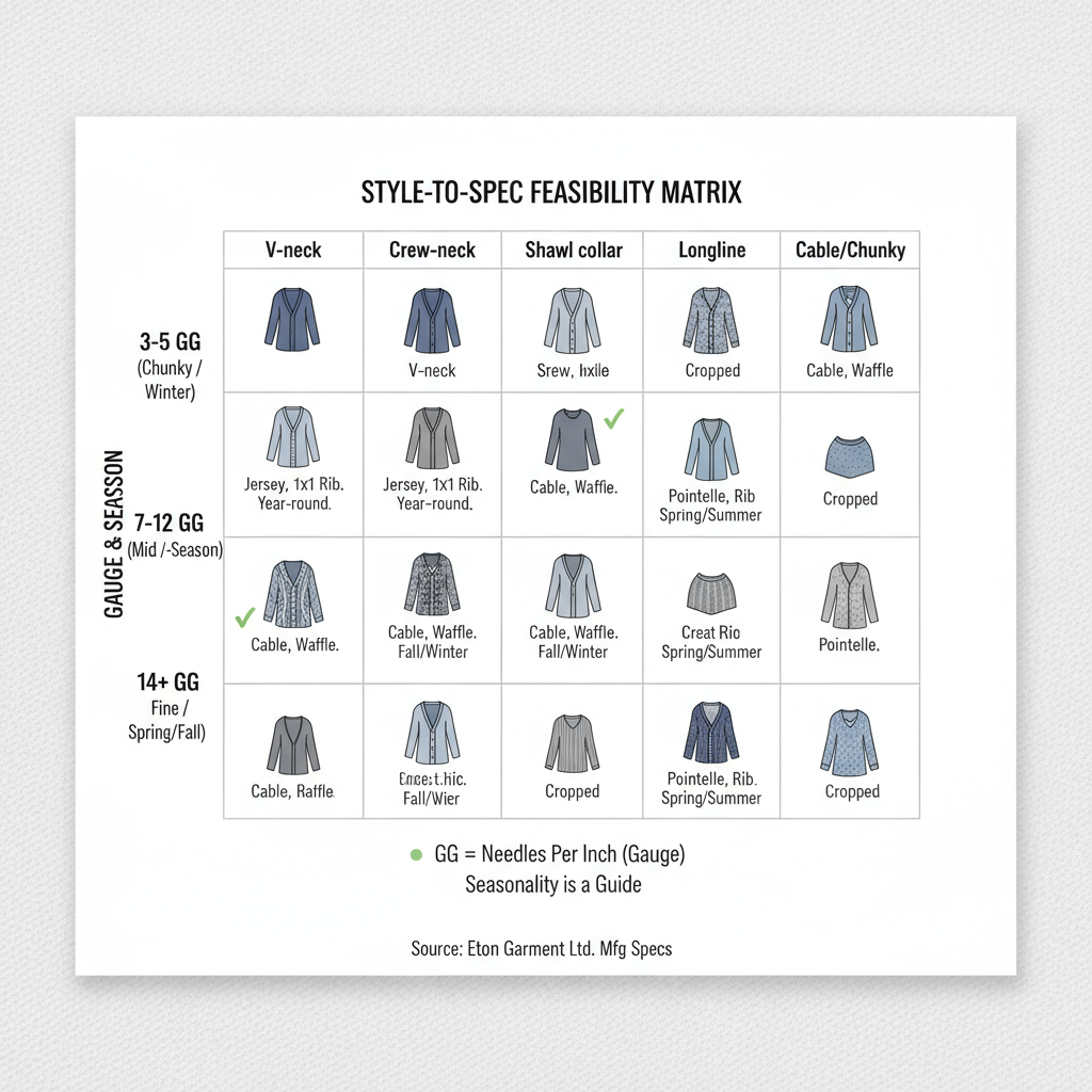Matrix showing cardigan styles on one axis and gauges/seasons on the other