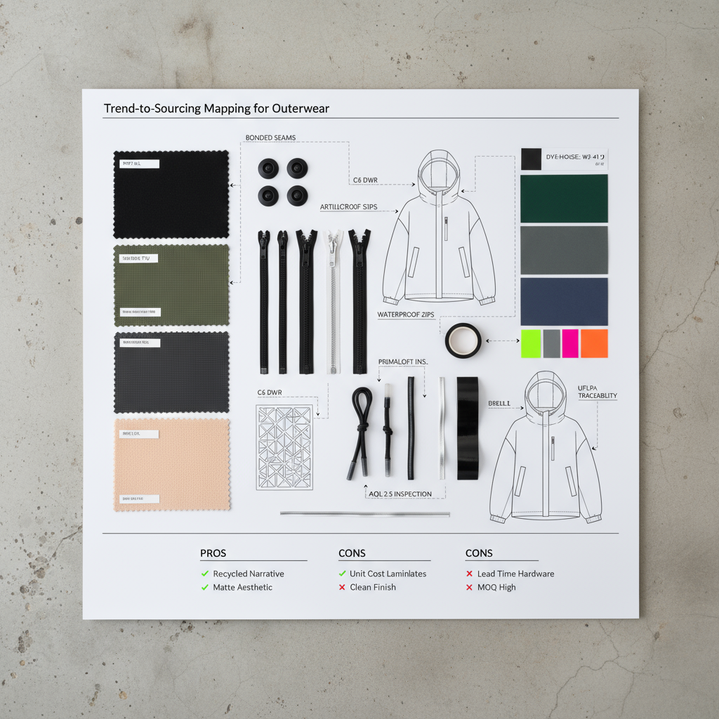 Trend board: materials, trims, and color swatches matched to factory availability