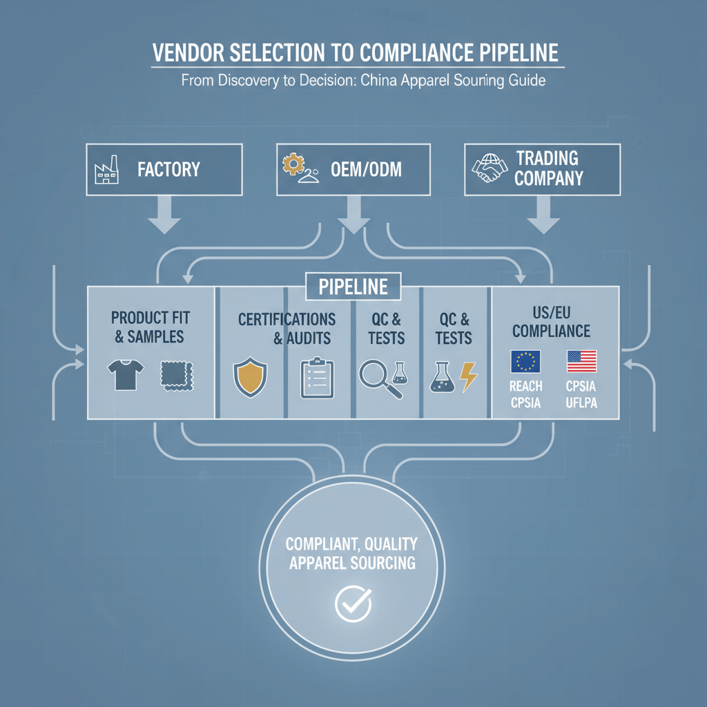 Diagram showing vendor types—factory, OEM/ODM, trading company—flowing into a QC and compliance pipeline
