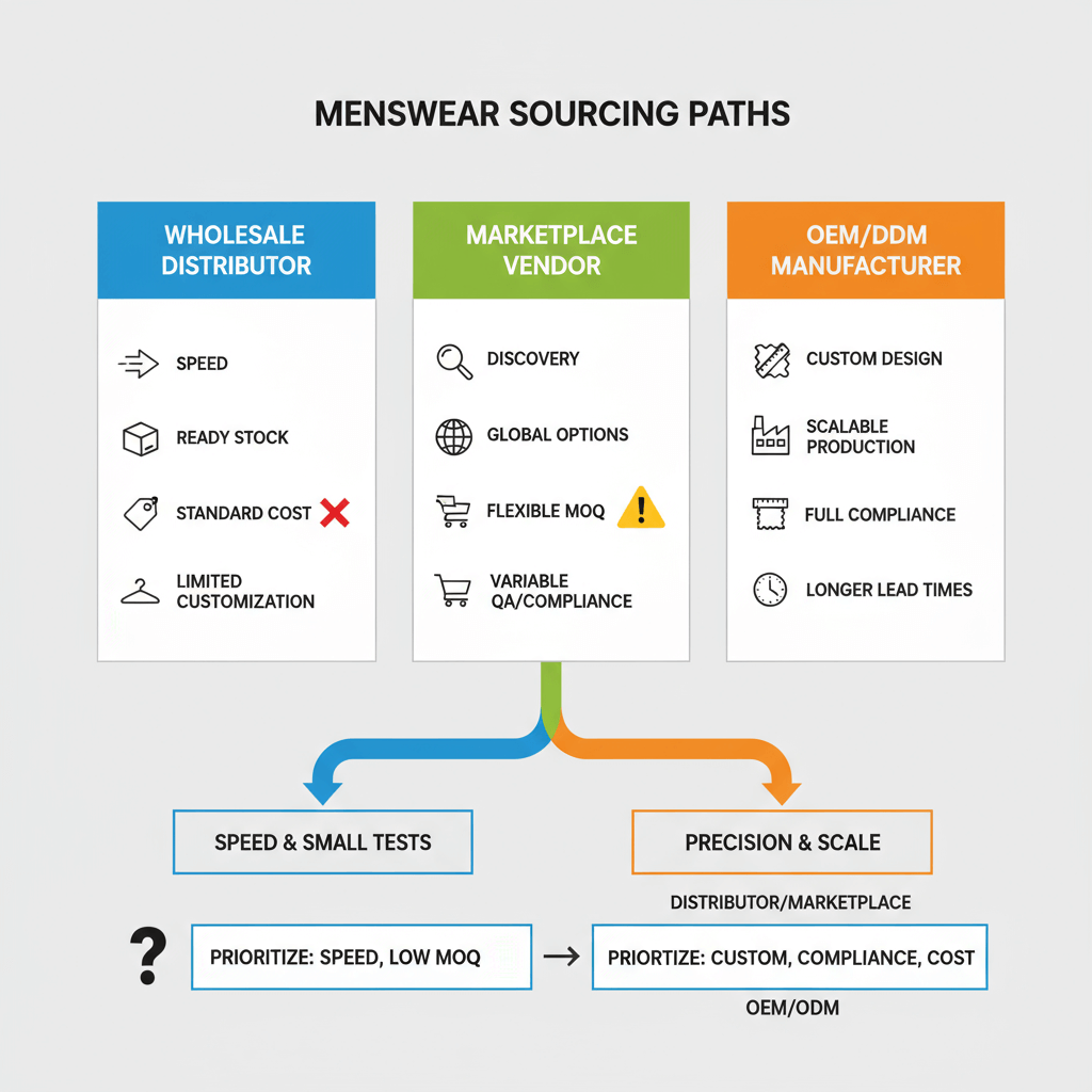 Decision-flow visual comparing wholesale distributor, marketplace vendor, and OEM/ODM manufacturer paths for menswear sourcing