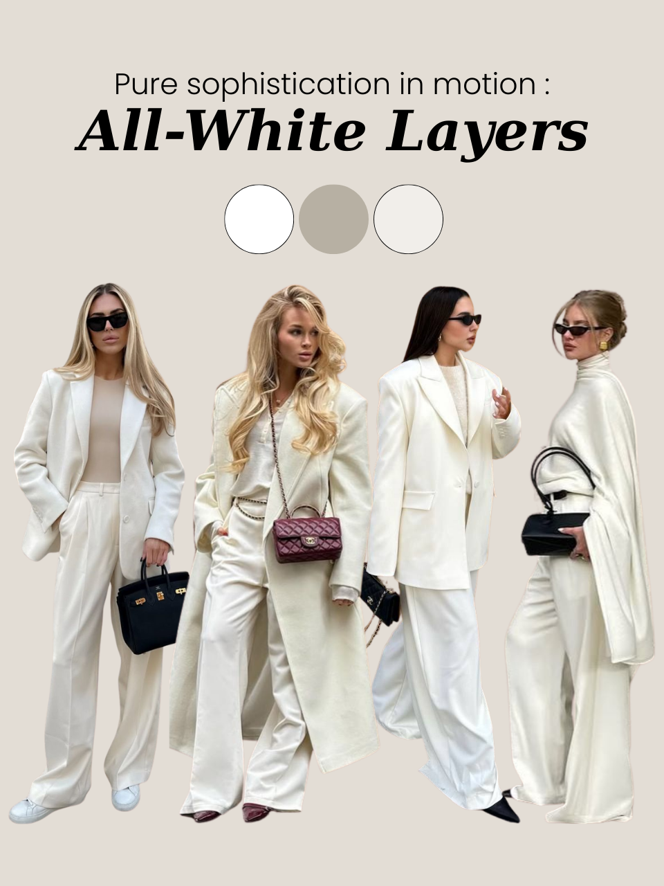 Elegant all-white layered look with ivory trousers and white blazer — a polished and timeless color combo.