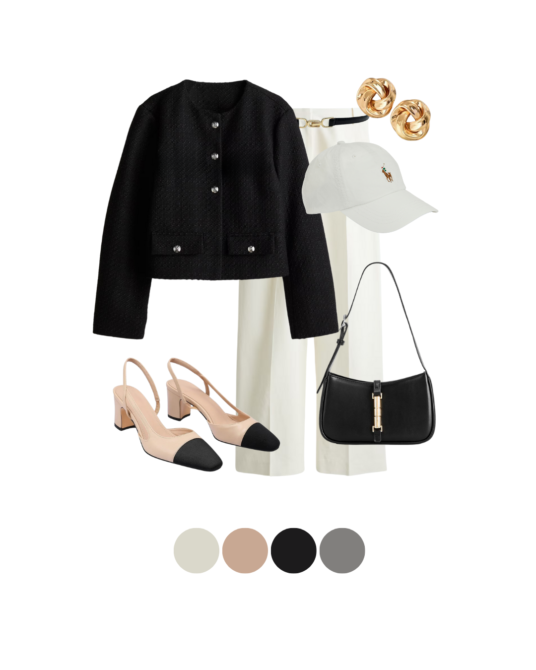 This black and ivory Old Money Outfit channels Cap-toe heels, a boucle jacket, and minimalist gold jewelry. Perfect for timeless daywear.