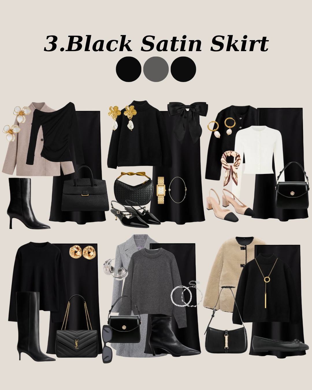 Black satin skirt styled with monochrome tops, gold jewelry, structured bags, and neutral outerwear to create timeless and classy outfits