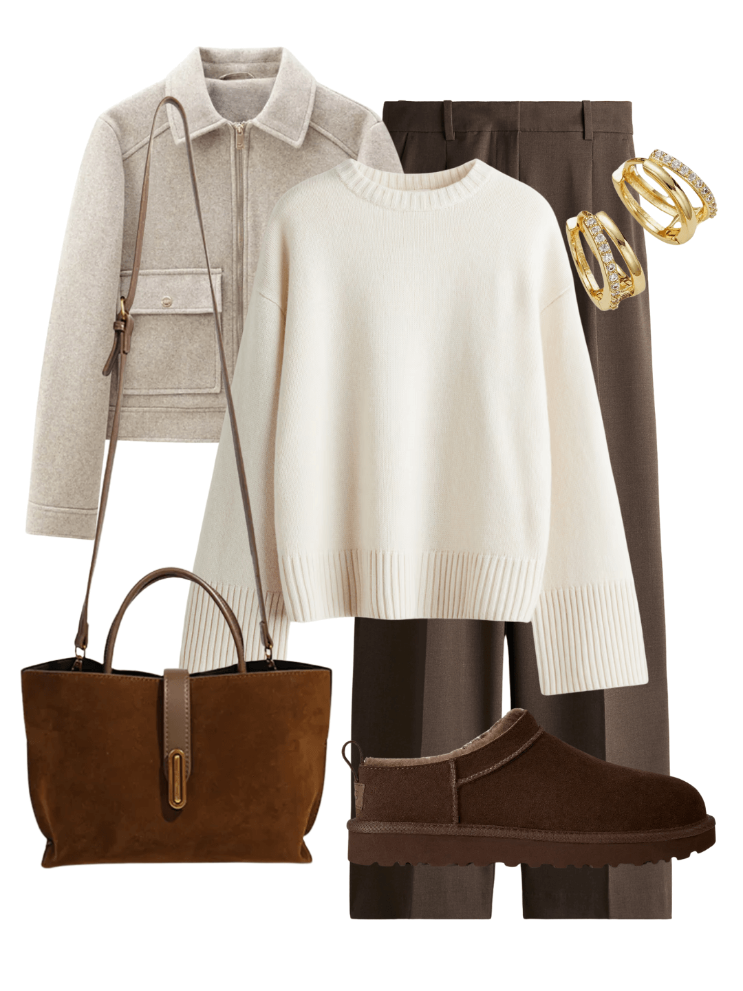 Cozy cream sweater layered with taupe jacket and dark brown pants — warm neutrals showing why brown is the new black.