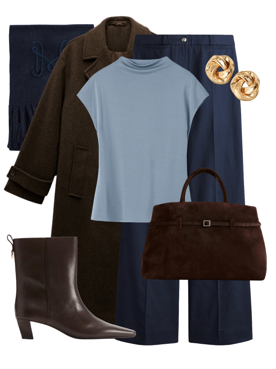 Brown wool coat styled with navy trousers and light blue knit — brown is the new black in quiet luxury layering.