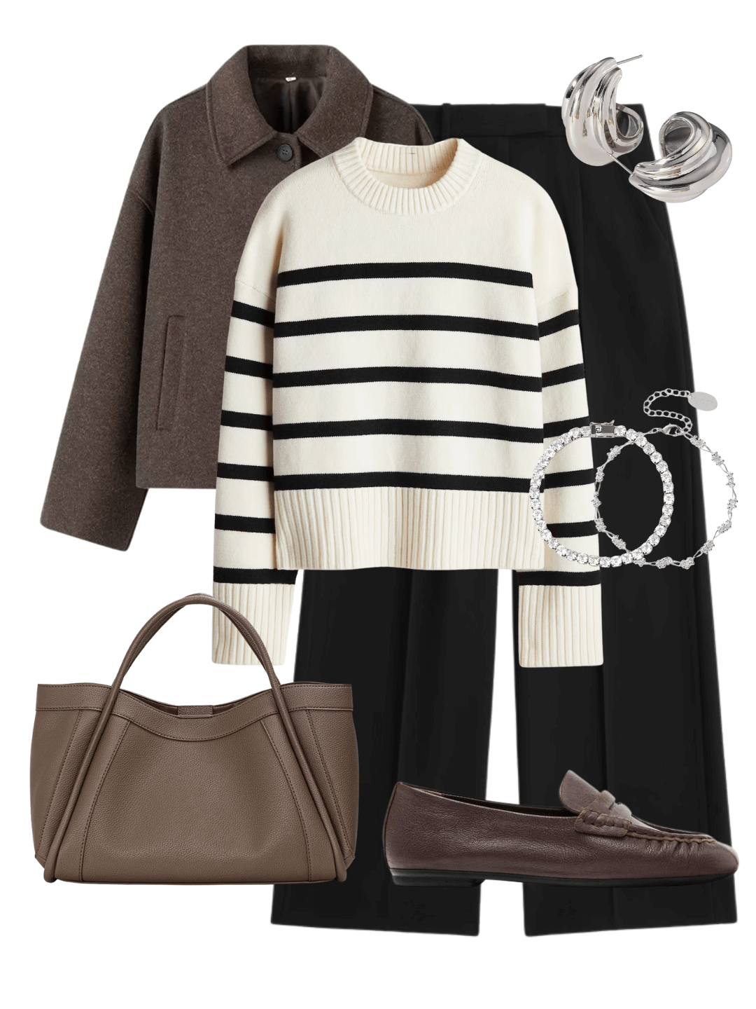 Parisian-inspired brown cropped jacket with striped knit and black trousers — a timeless twist proving brown is the new black.