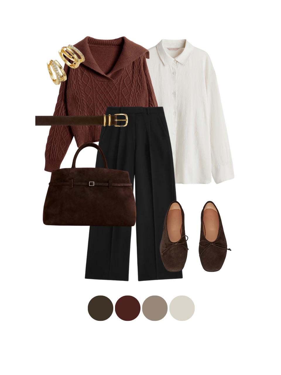 Textured fall look featuring brown cable-knit sweater, ivory blouse and black trousers with gold accessories
