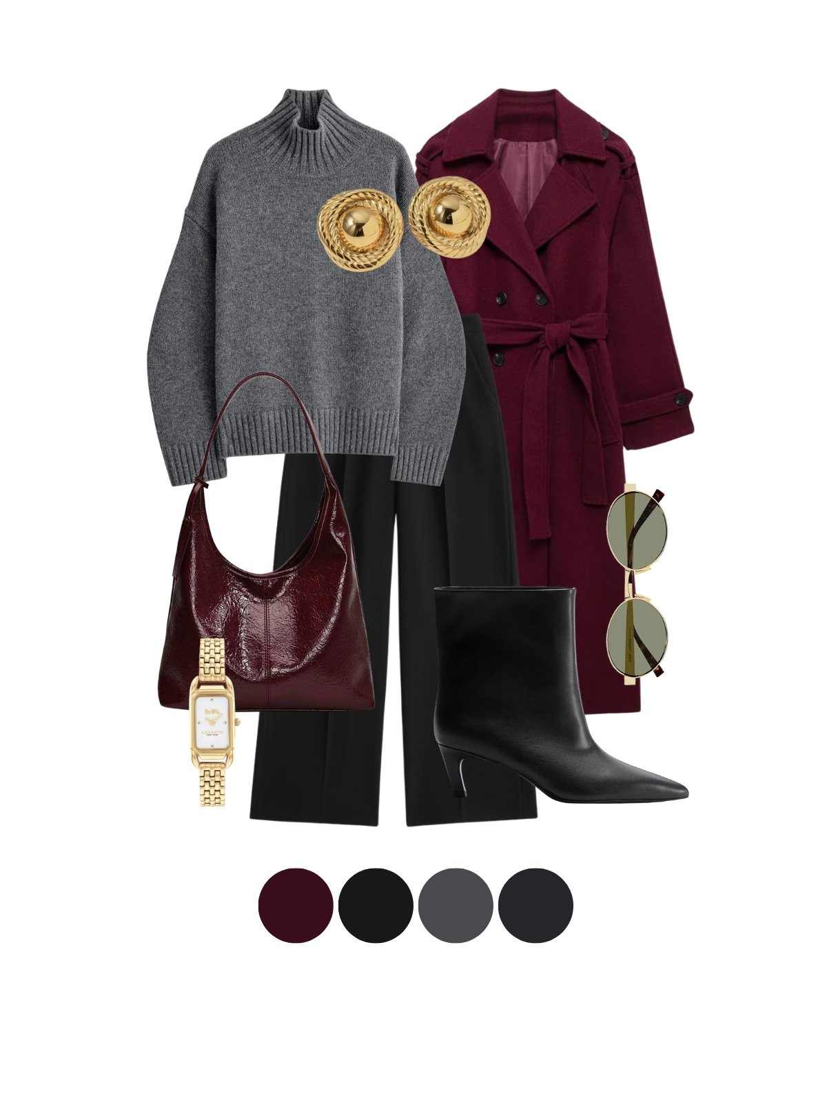 Burgundy outfits 2025 – wool trench coat layered over grey knit with patent burgundy bag and gold jewelry.