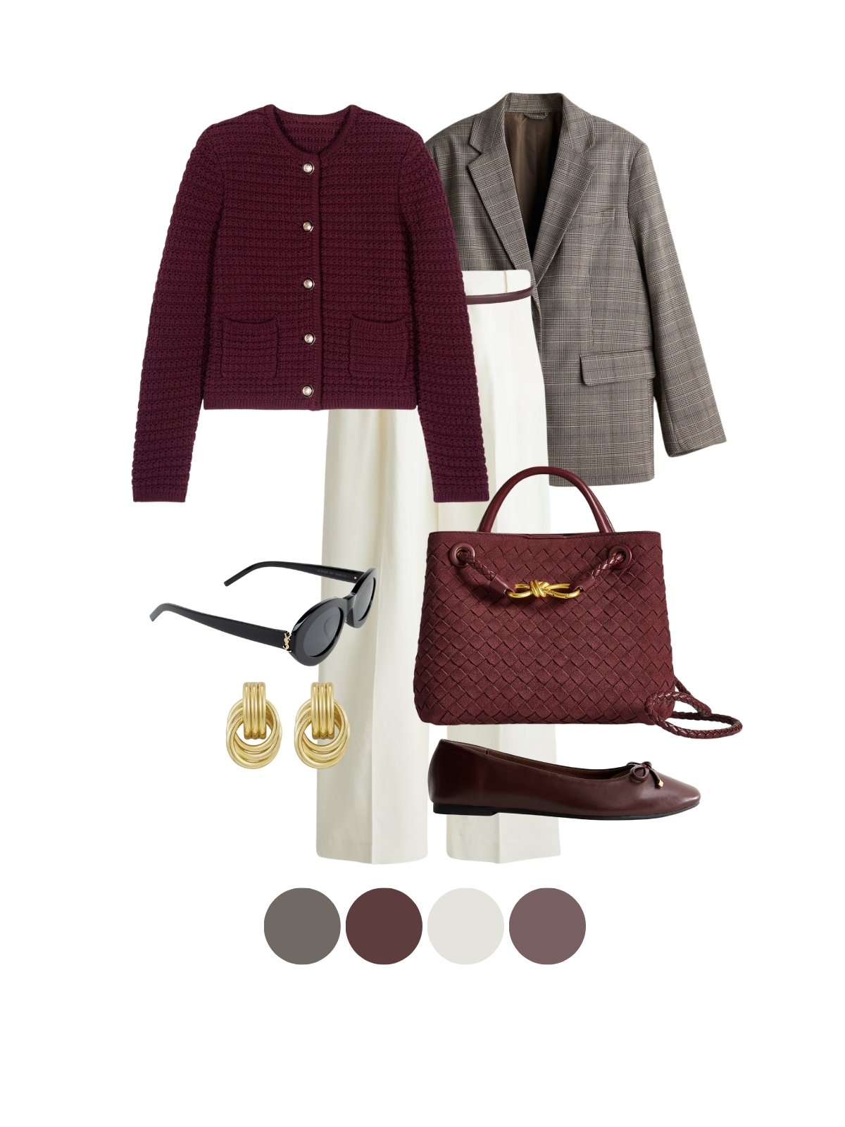 Burgundy outfits 2025 – cardigan with ivory trousers, checked blazer, woven tote, and ballet flats.