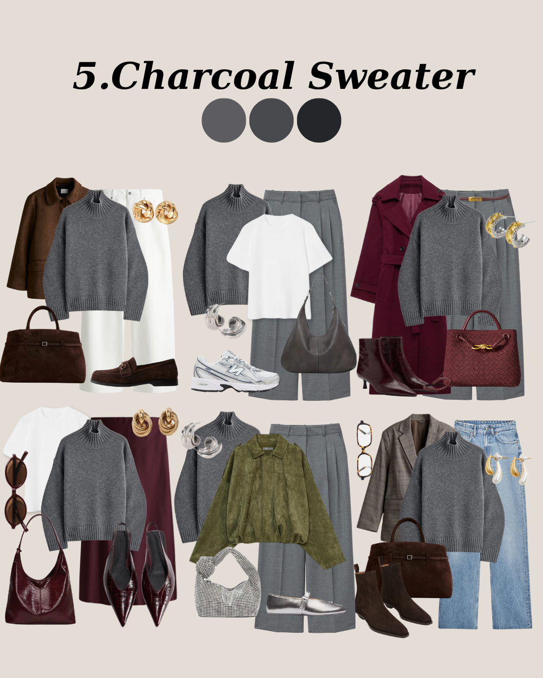 Soft charcoal sweater styled in six elegant ways with white trousers, burgundy skirts, grey pants, and structured bags for classy and modern outfit inspiration