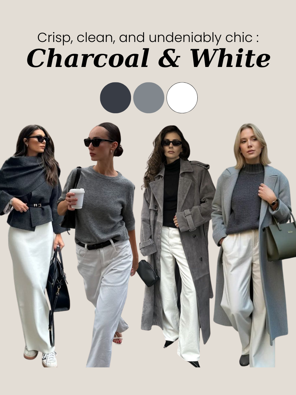 Chic business look in charcoal and white, a sophisticated color palette for 2025 fashion.