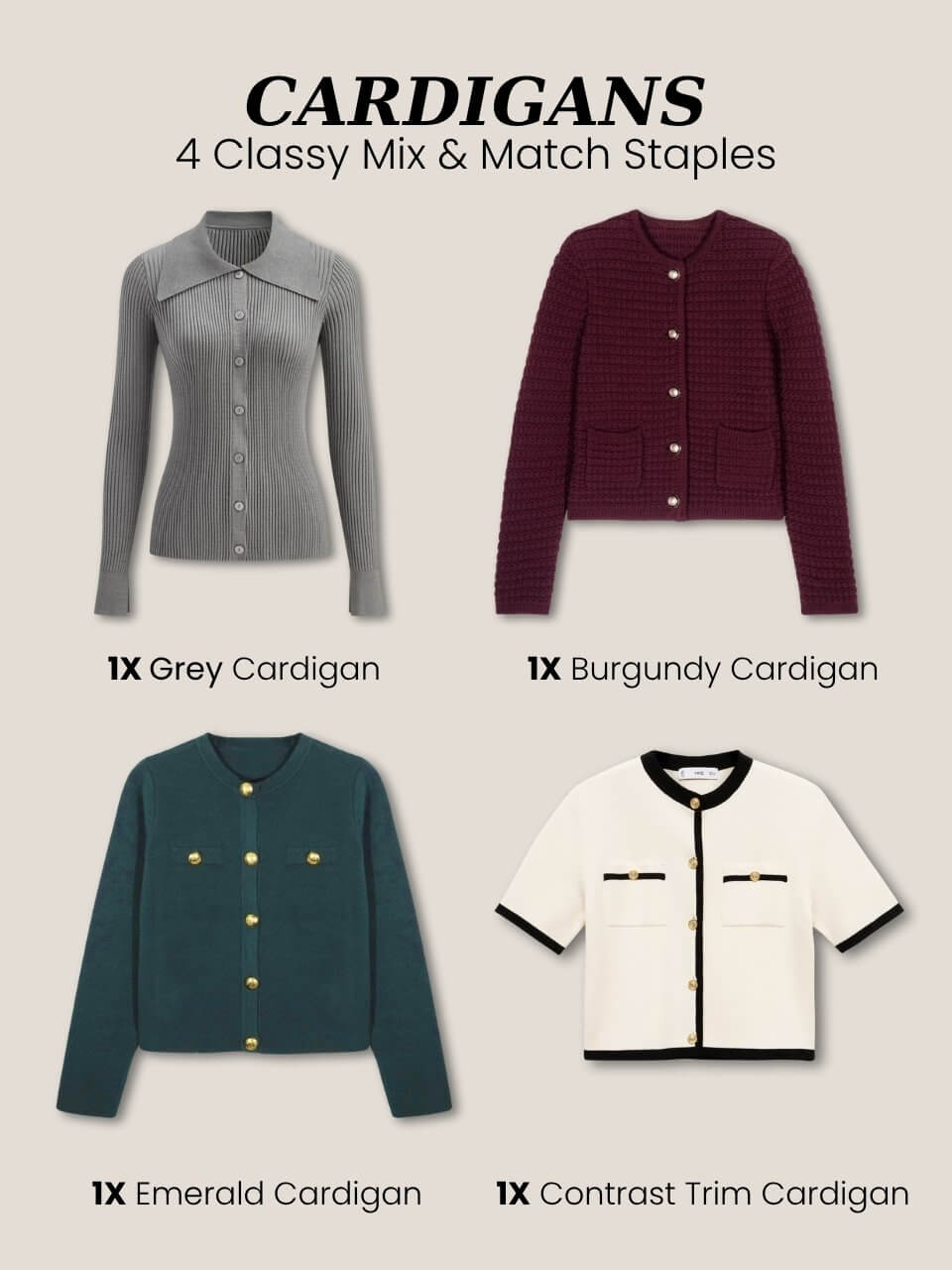 4 mix and match cardigans for a classy fall wardrobe in grey, burgundy, emerald, and contrast trim