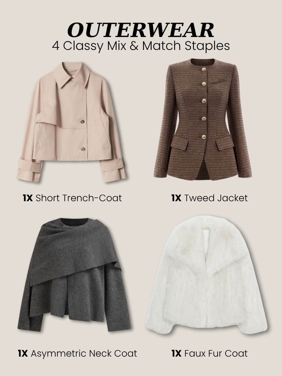 Elegant outerwear staples for a classy fall wardrobe including trench, tweed, and faux fur coats