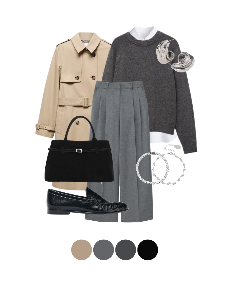 Classy fall outfit with beige trench coat, gray pleated trousers, and black loafers styled for 2025