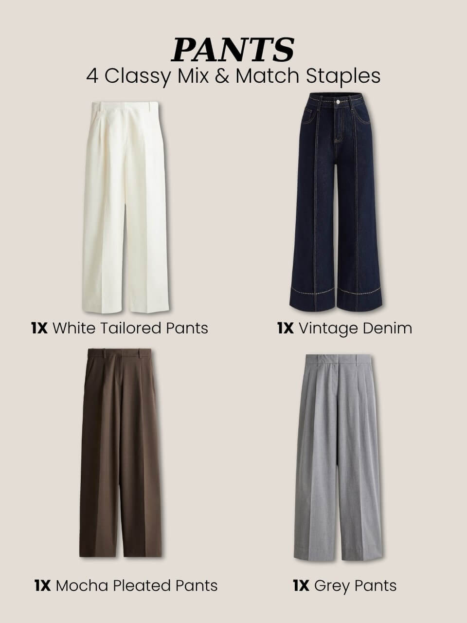 Elegant pants for a classy fall wardrobe: wide-leg, tailored, pleated, and vintage denim