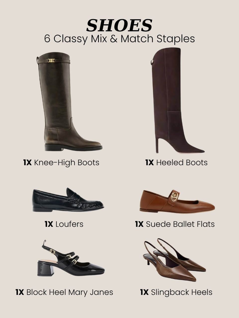 Stylish shoes for a classy fall wardrobe: boots, loafers, slingbacks, and ballet flats